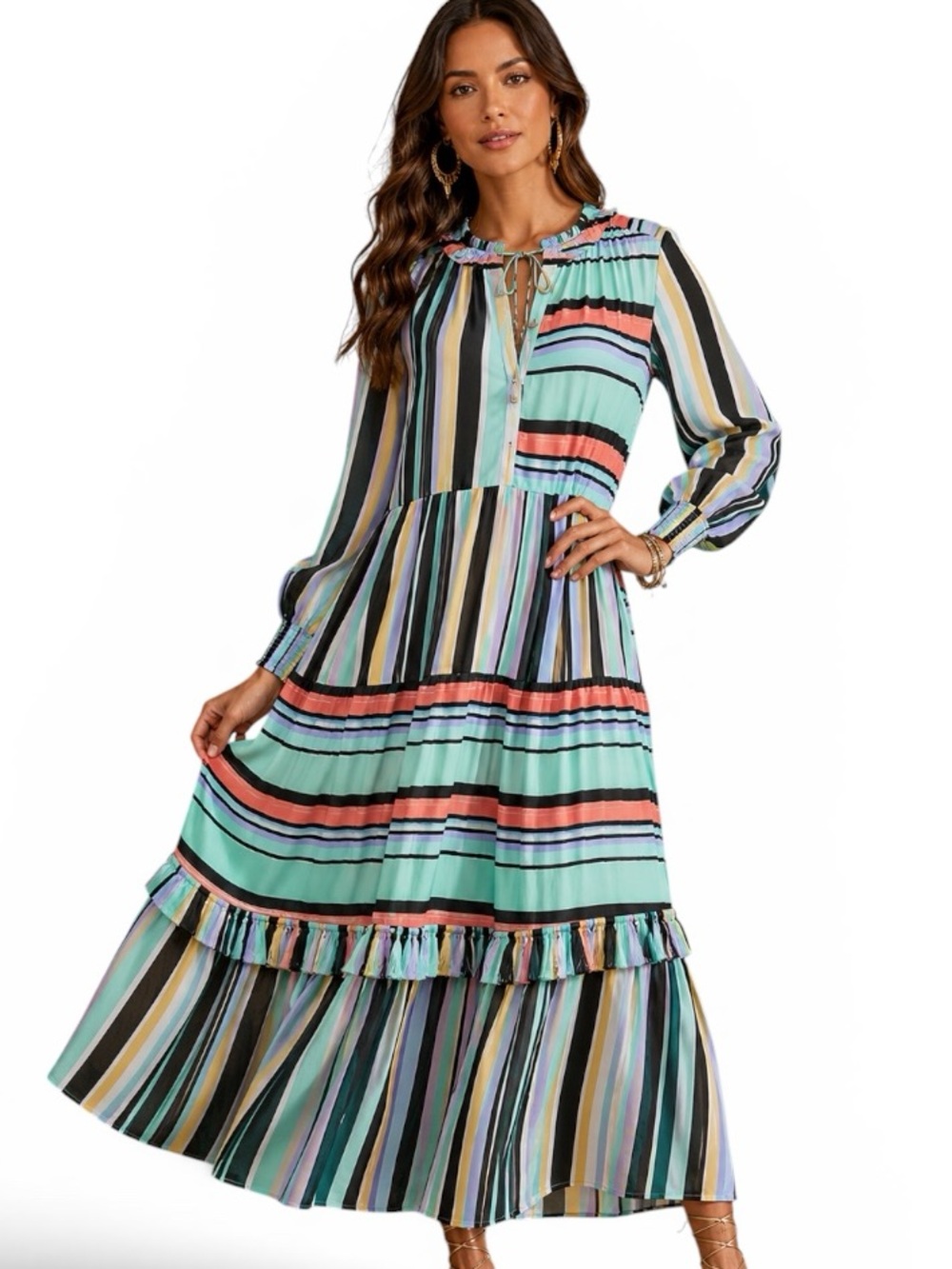 Anthropologie The Marais Printed Chiffon Maxi Dress Tassel Tiered Ruffle Sz S